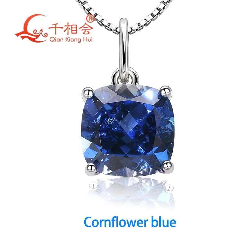 

S925 Silver 9*9mm cushion shape grown royal Blue/Cornflower blue Sapphire with inclusions Stone Jewelry Pendant Necklace