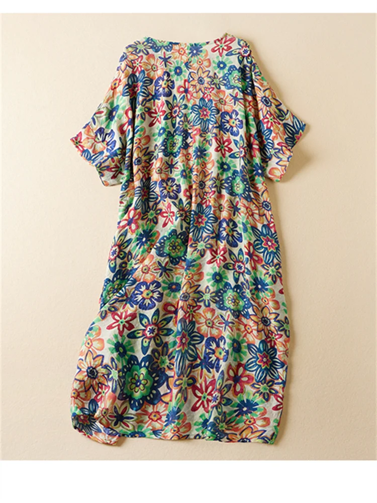 Vestido floral vintage feminino, tamanho grande, solto, senhoras, linho de algodão, vestidos estampados, pulôver de flores, vestido midi, casual,