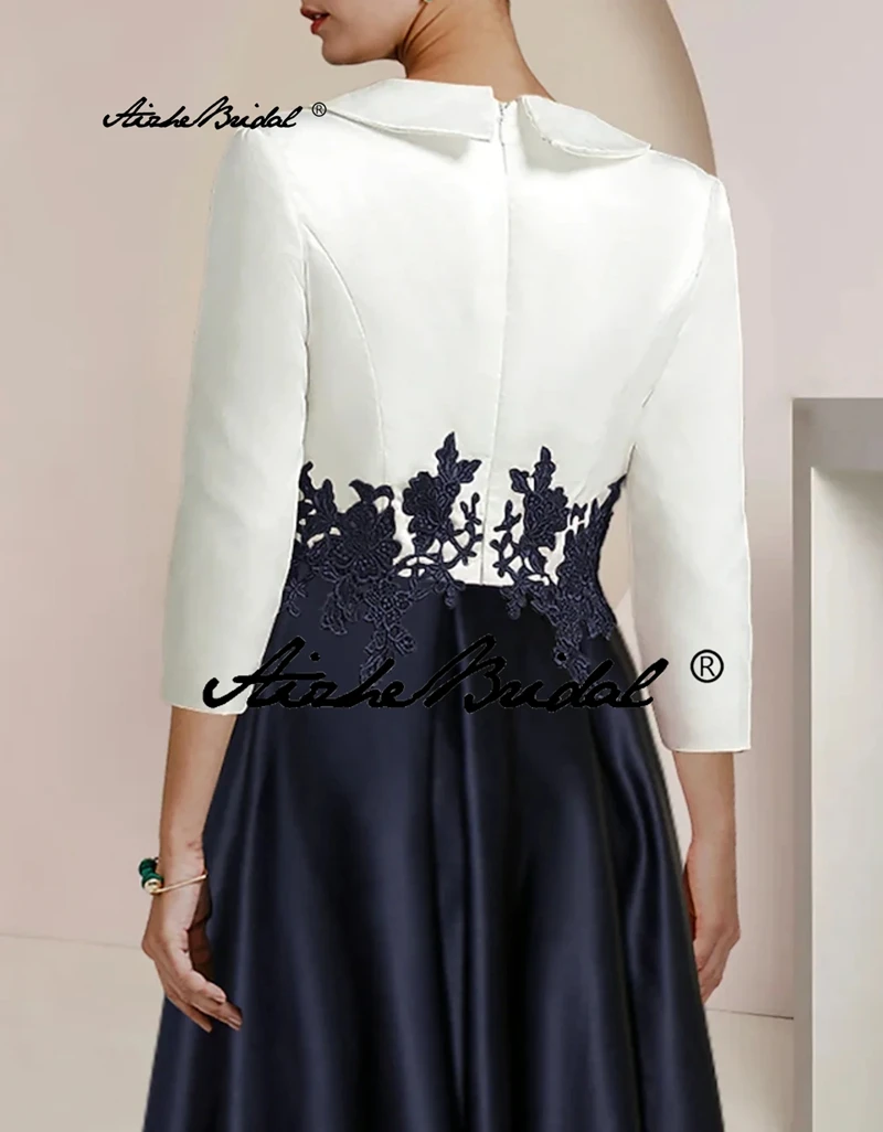 أبيض وأسود رقبة على شكل حرف V غير متماثل 3/4 طول كم مزين على شكل حرف a من الساتان فستان أم العروس