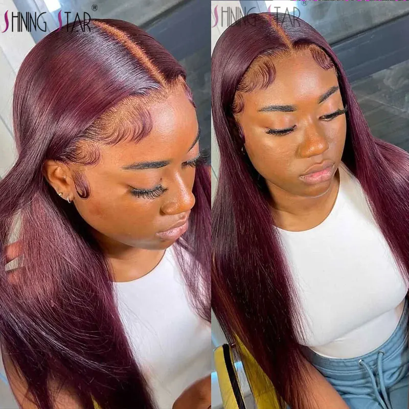 Burgundy Red Bone Straight Lace Front Human Hair Wigs Pre Plucked Colored 99J Red 13x6 Transparent Lace Frontal Wig Human Hair