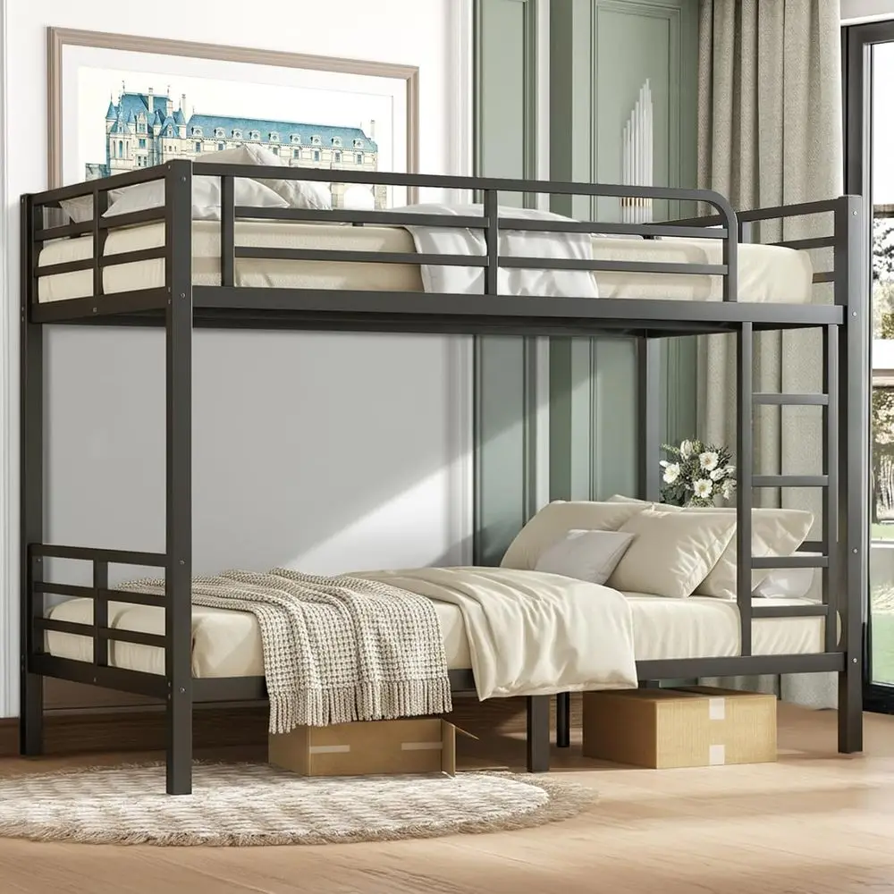 Durable Metal Twin XL Bunk Bed for Adults, 350-500 lbs Capacity, Ladder & Guardrail, Steel Slats, No Box Spring Needed, Black