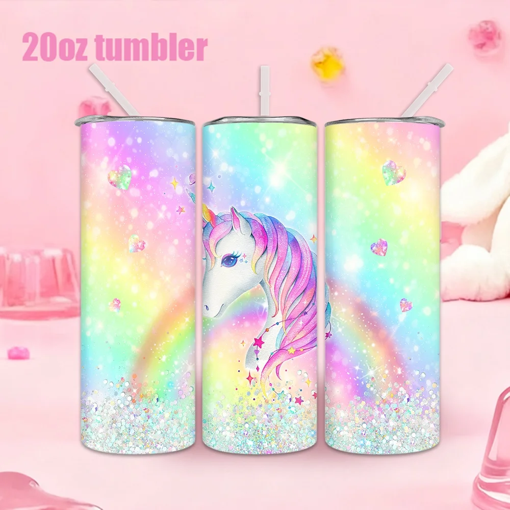 1 Stück 20oz Trinkflasche mit Strohhalm, isolierter Edelstahl-Wasserbecher mit einem verträumten Regenbogen-Einhorn-Hintergrundmuster.