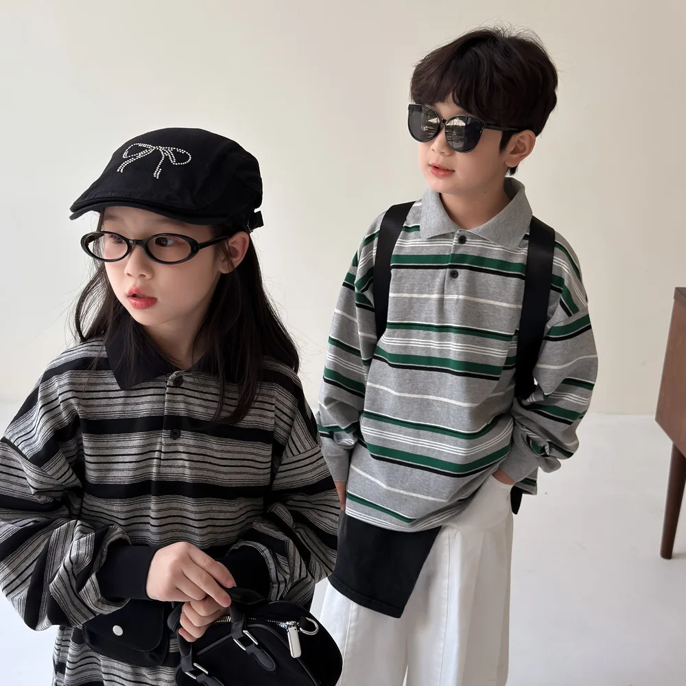 قميص الأطفال 2025 الخريف الفتيان والفتيات الكورية مخطط فضفاض أعلى الأطفال الوجه طوق عارضة طويلة الأكمام أسفل قميص #4