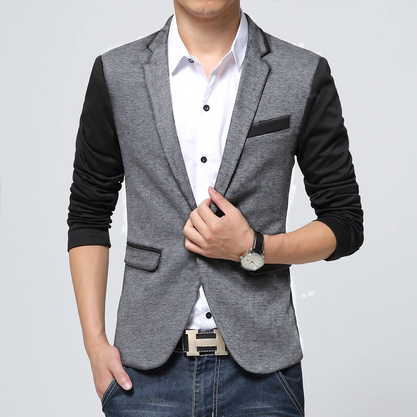 Blazer Masculino Estilo Coreano para Primavera e Outono, Slim Fit, Com Um Botão, Blazer Casual com Patchwork para Homens FS-239