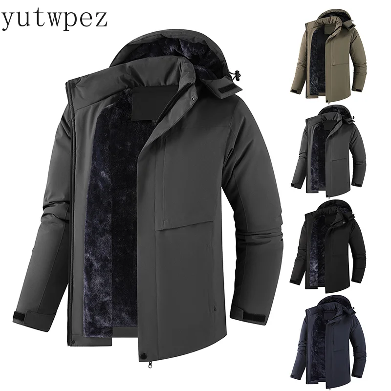 Men's Warm Waterproof Jacket Coat, Outdoor Hiking Sports Casual Cotton Hooded Detachable Windproof Fleece Thicken Parkas for Men