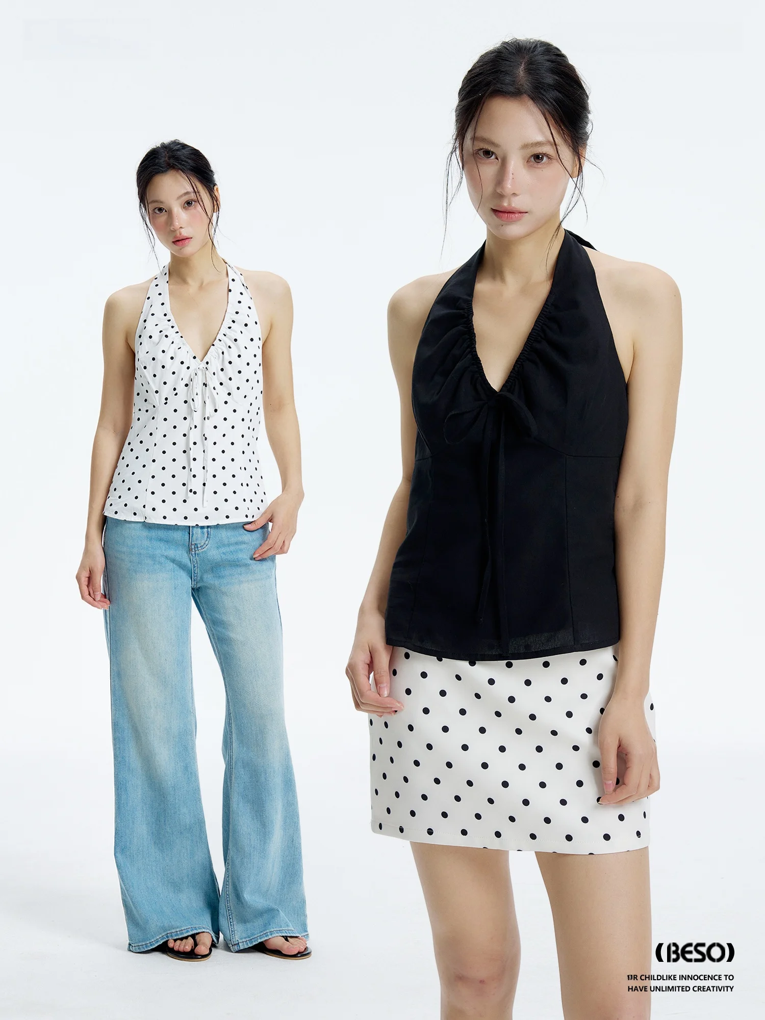 

Оригинальный черный женский топ BESOBER в горошек с завязками на шее, утягивающий летний топ из хлопка с V-образным вырезом, укороченный