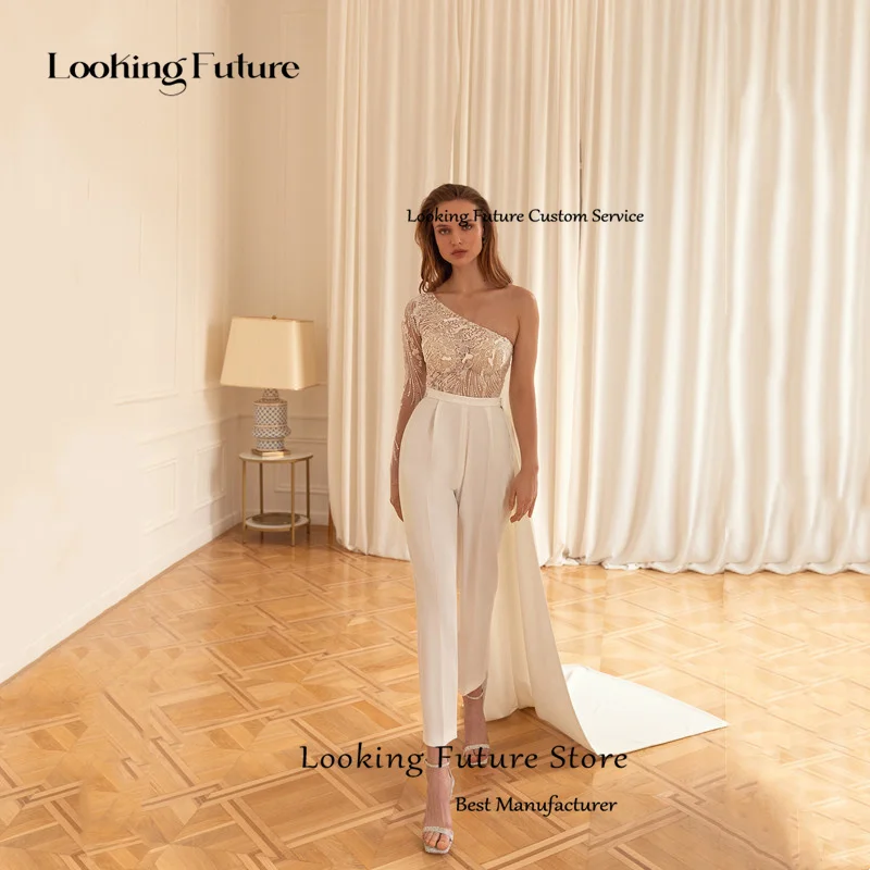 Boho Ivory Long Trousers Sheath Wedding Dresses For Woman Modern One Shoulder Pleated Beading Embroidery Illusion Open Back 2026
