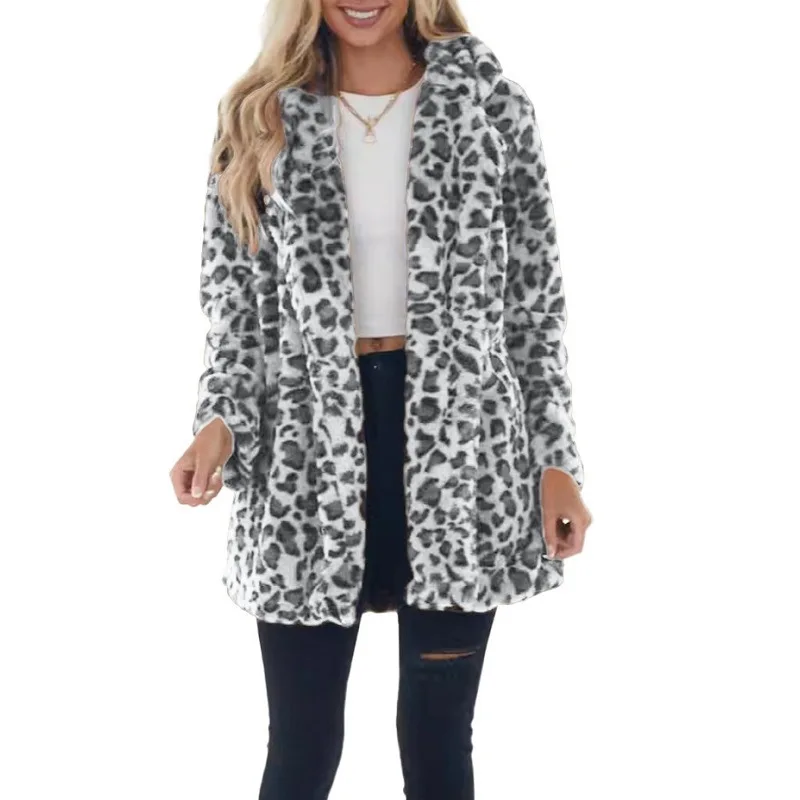 Casaco de pele sintética leopardo feminino grosso quente jaqueta de inverno manga longa casaco turn down collar streetwear moda bolsos outerwea