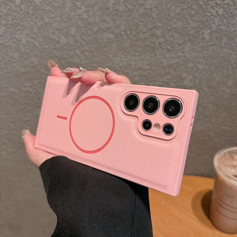 For Magsafe Magnetic Wireless Charge Case For Samsung S24 S23 S25 Ultra S25 Plus Fashion Litchi Leather Shockproof Simple Cover