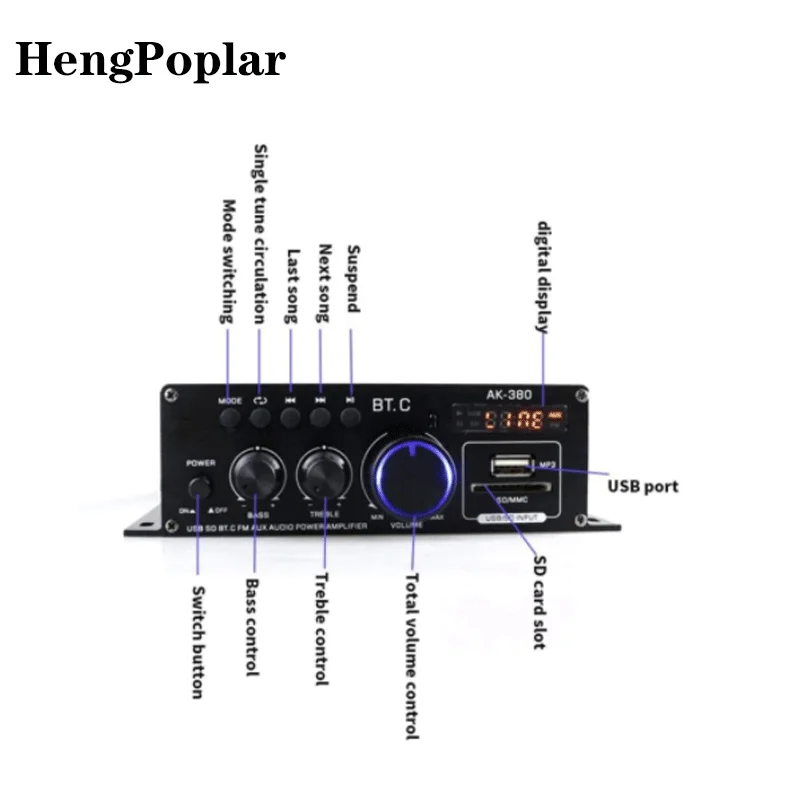 AK35 380 800W Home Digital Amplifiers Audio 110-240V Bass Audio Power Bluetooth Amplifier Hifi FM Auto Music Subwoofer Speakers