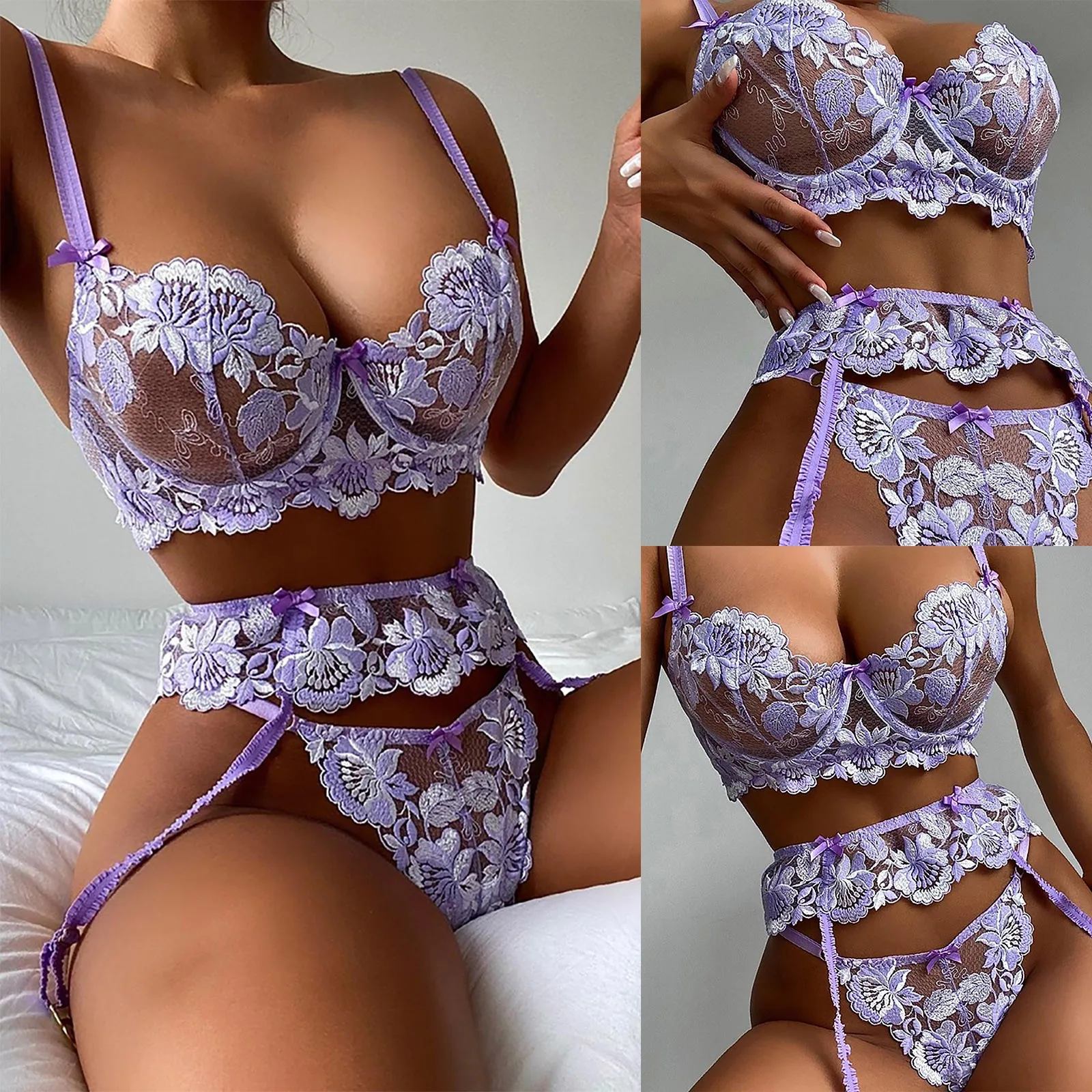 

Women Bra Set Embroidery Three-Piece Set Of Purple Flower Garters Ladies Underwear Sexy Lace Hollow See-Through Lingere Set