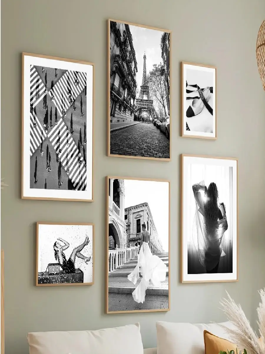 Paris Tower Fashion Girl Star Dog Black White Photo Poster Wall Art Canvas Print Picture for Living Room Home Decor