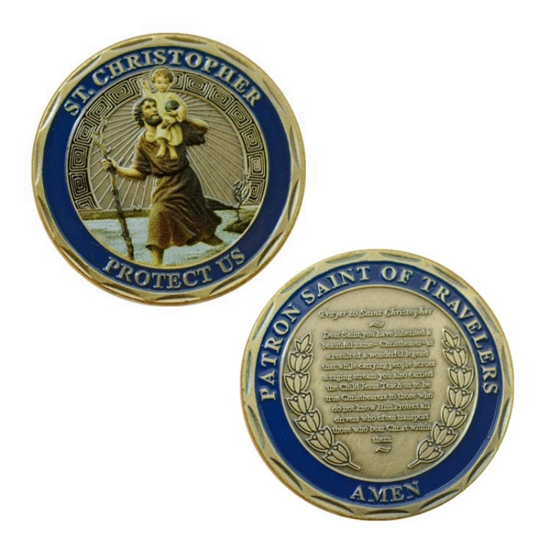 1 - شارة معدنية قابلة للجمع من سانت كريستوفر |   تصميم منقوش بالمينا الملونة |   شارة تذكارية دينية لهواة الجمع