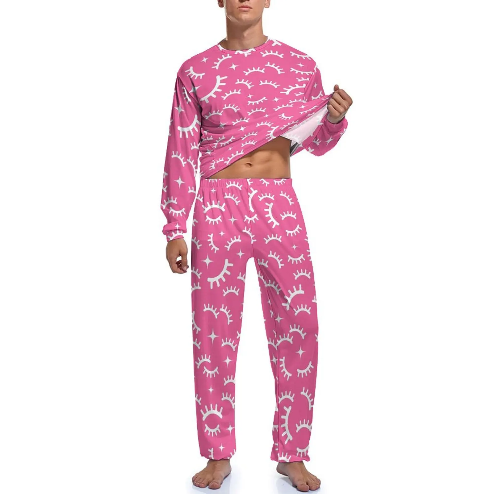 Pyjama deux pièces blanc et rose pour hommes, ensemble de pyjamas à manches longues, cils, vêtements de nuit, cadeau d'urgence, chambre 03Design