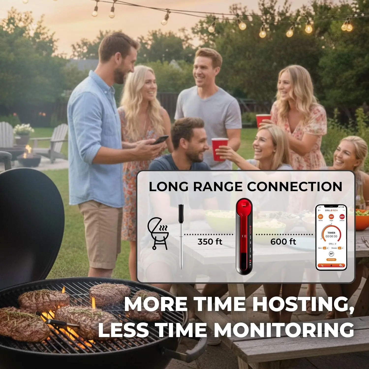 Grill Tech Smart Bluetooth Meat Thermometer, Wireless, 950ft Range, USB-C Rechargeable, Precision Accuracy for Grilling
