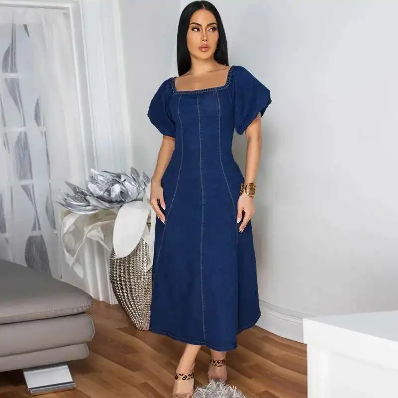 

Women's 218687 New Denim Elastic U-neck Short Sleeved Long Dress Sexy Luxury Femmes 2025 Summer Dress Robe Vestido Women Party