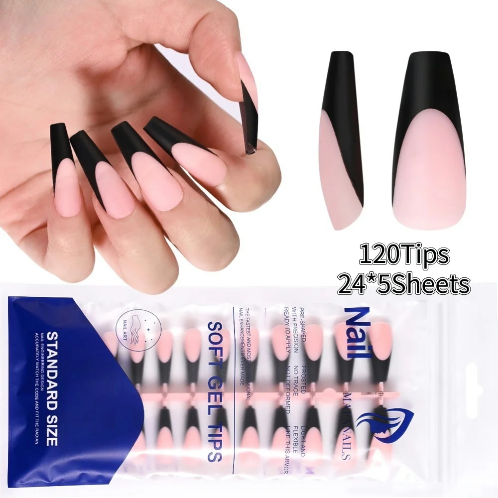 120pcs/5sheet Nude Pink Black Edge French Press on Nails Square Head Full Cover Middle Extensions Fake Nails Fast Gel False Nail