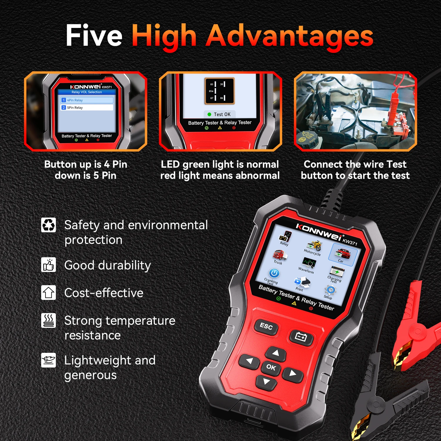 Picture 7: 2026 KONNWEI KW371 2in1 Car Battery Tester & 4 Pin 5 Pin Relay Tester 6V 12V 24V Fault Data Print Start Test Charging Scan Tool
