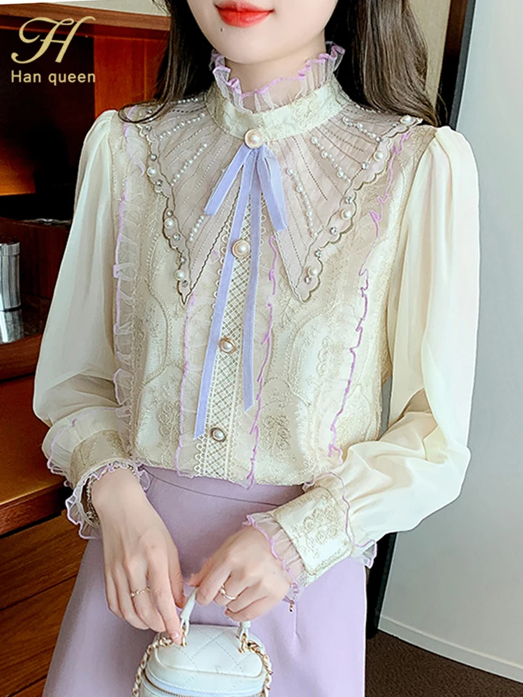 H Han Queen Spring Blouses Korean Chic Bow beading Chiffon Blouse Work Casual Tops Simple Lace Embroidery Women\'s Vintage Shirt