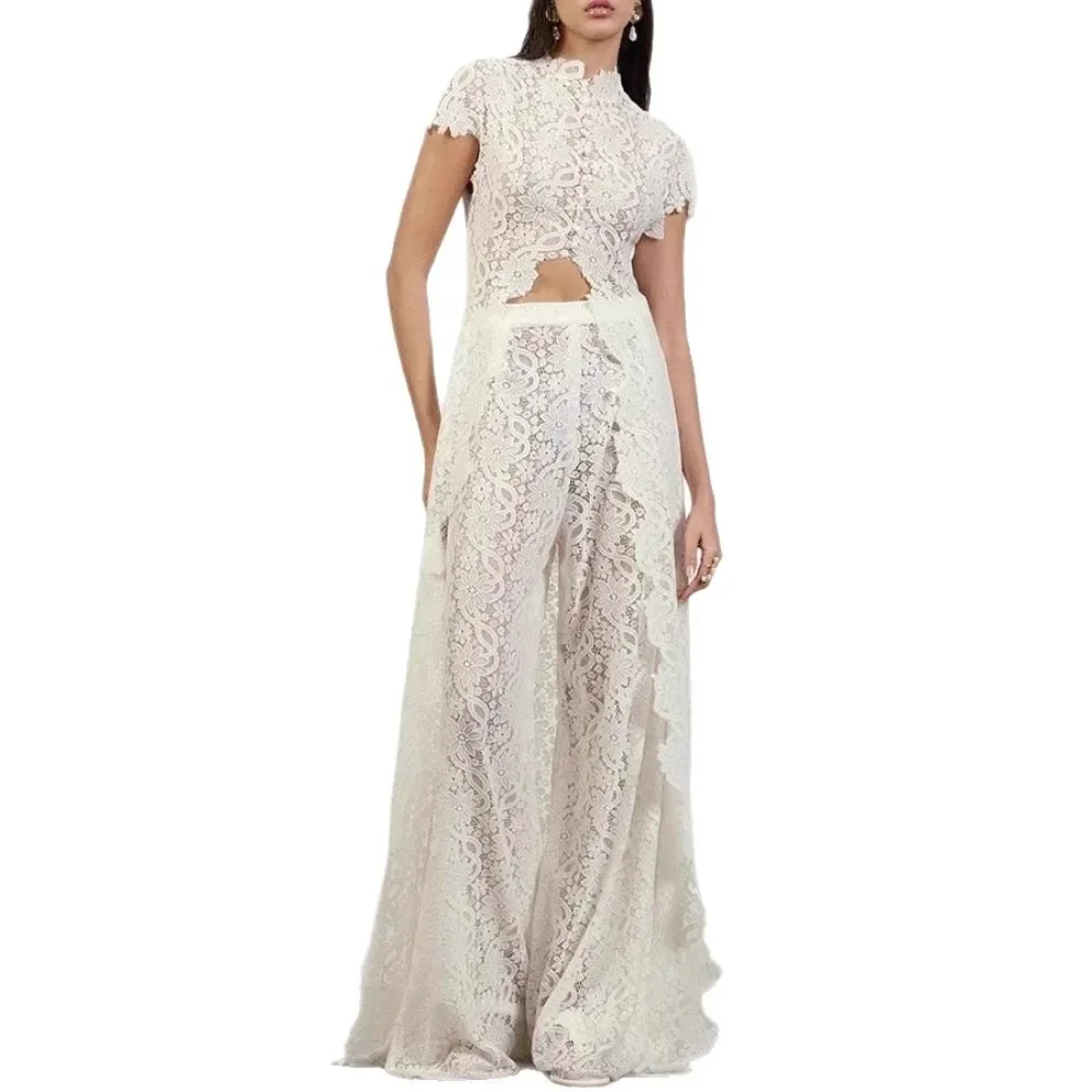 Women Lace Dress Hollow Out Round Neck Short Sleeve Front Slit Beach Vacation Daily Party
