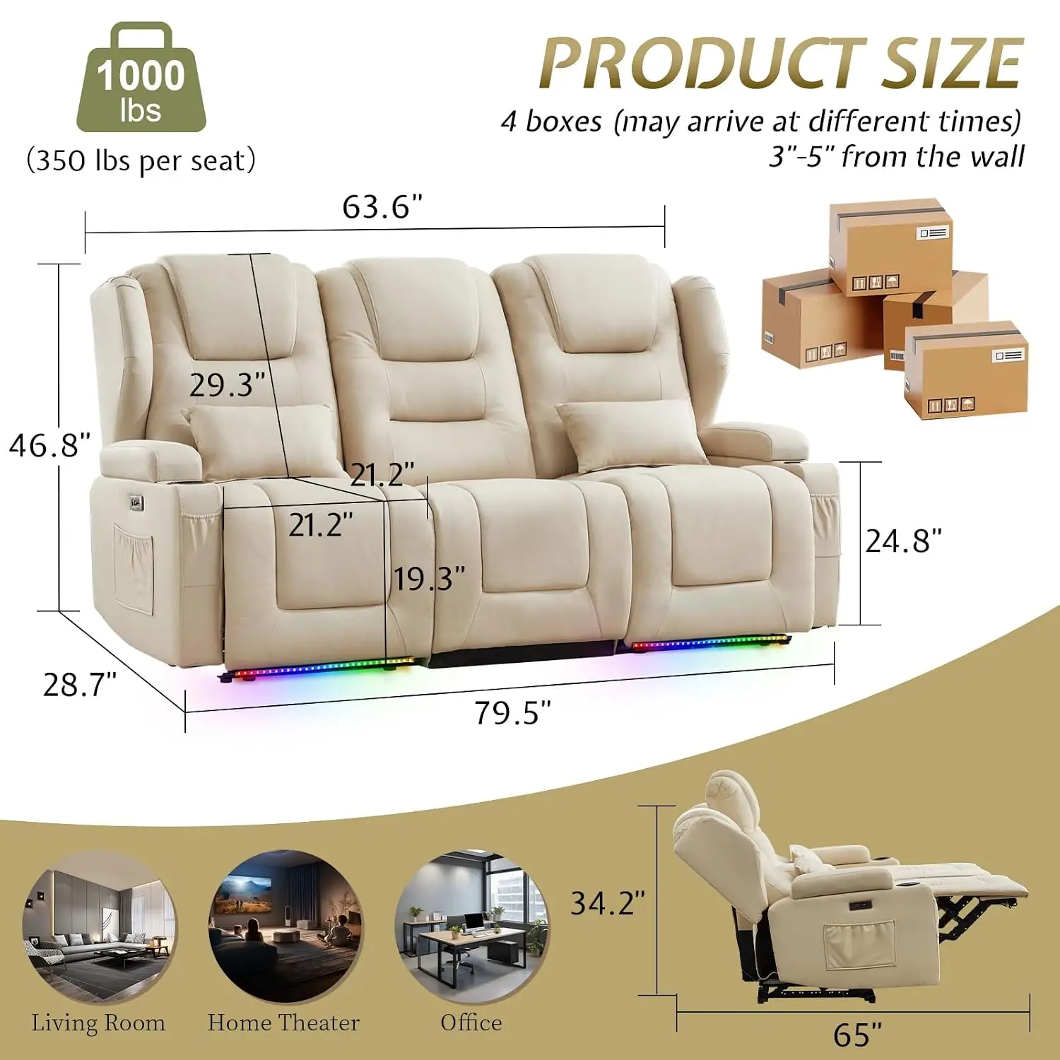 Loveseat Recliner With Split Back, USB Charger, LED Light, Storage & Cup Holders, Fabric Theater Seating, Customized