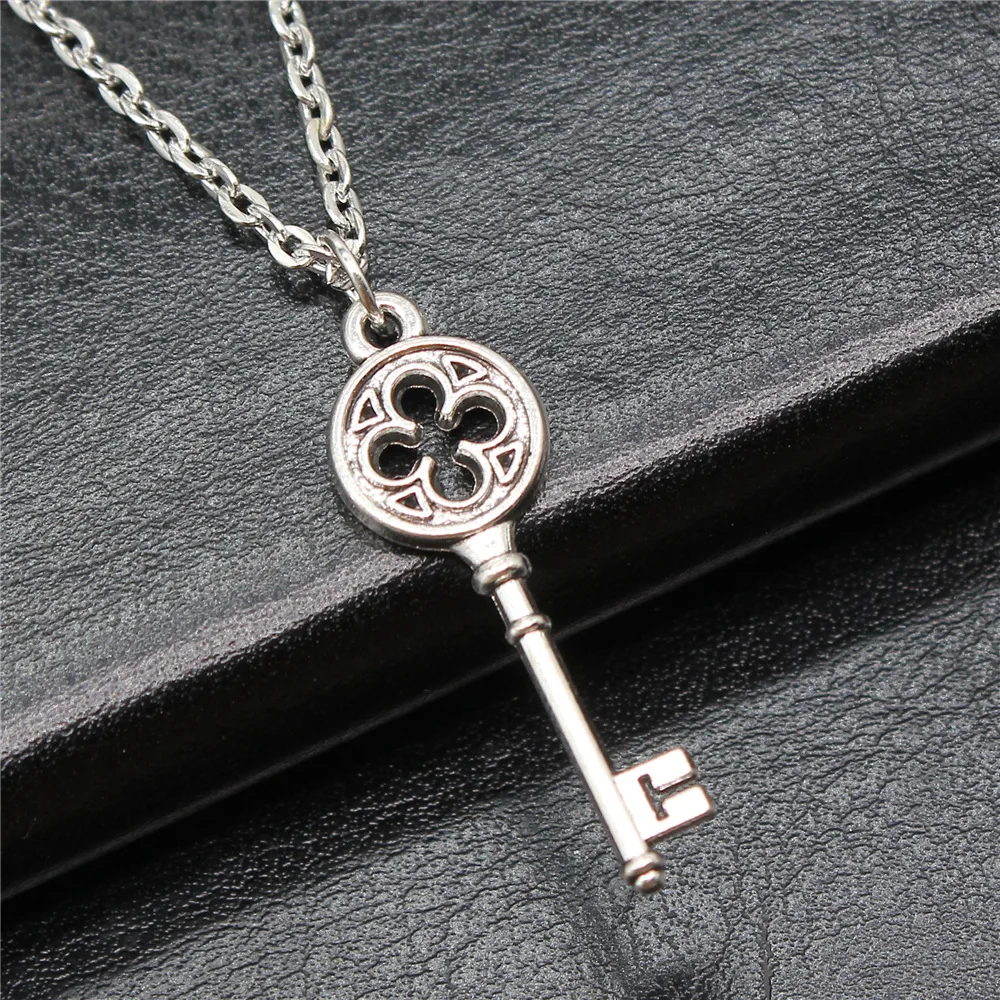 Fashion Simple Vintage Antique Silver Color 31x10mm Key Pendant Necklace For Women