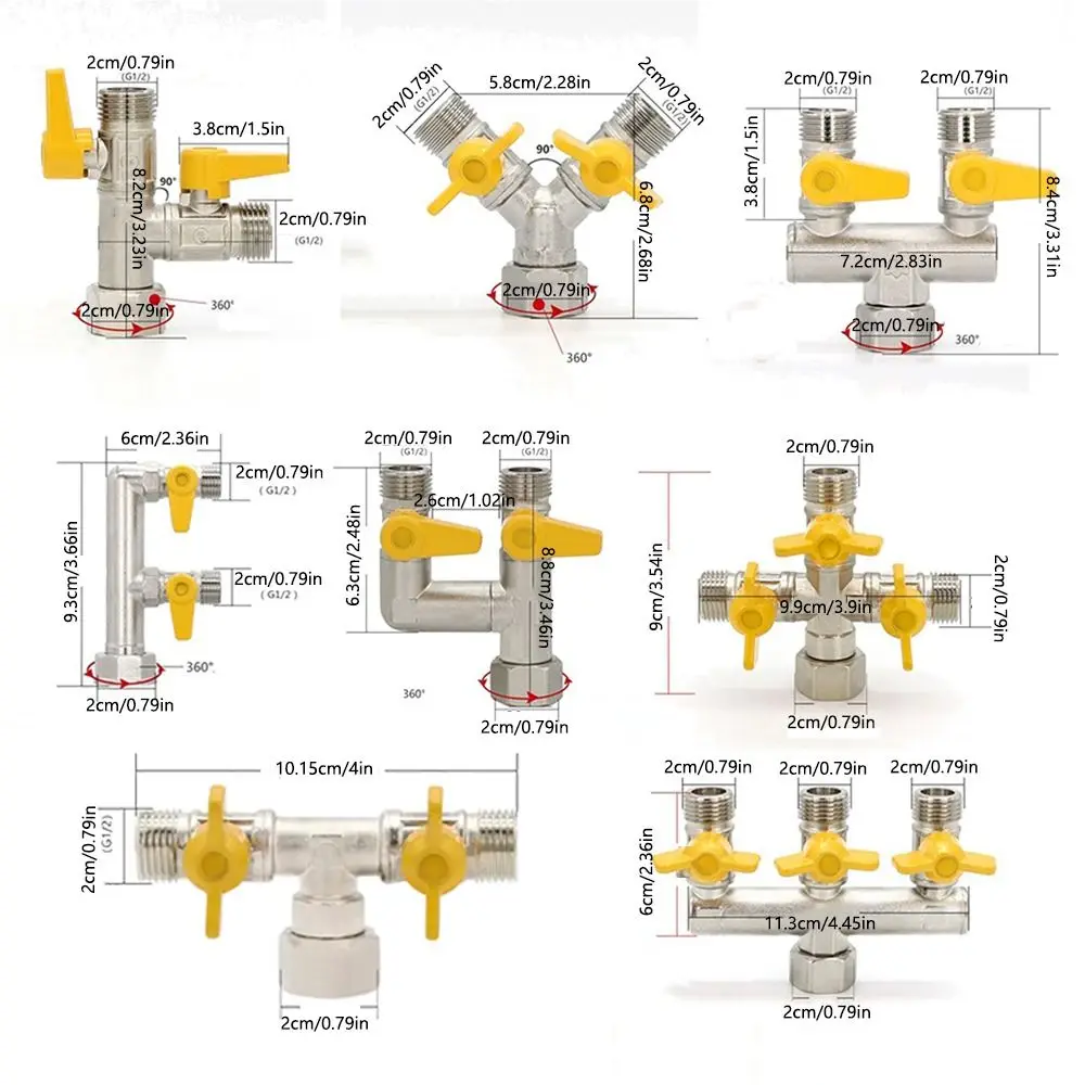 2/3 Switch Brass Diverter Valve Rustproof 1/2" Hose Barb Y Shaped Ball Valve Easy To Install Thickened 3 Way Shut Off Valve