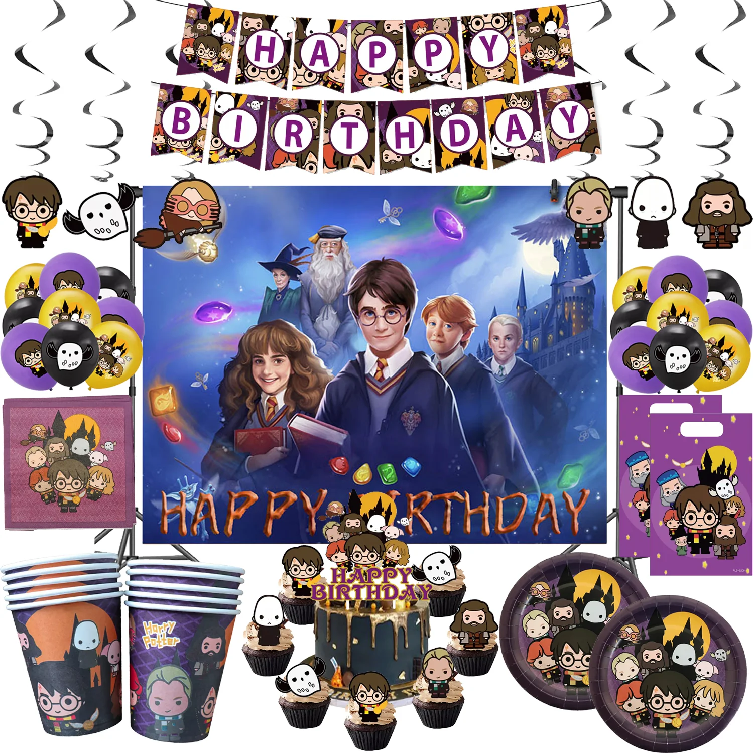 Cute Magic Academy Birthday Party Supply Disposable Banner Cake Topper Harries Balloons Set Kid Birthday Decorations Baby Shower