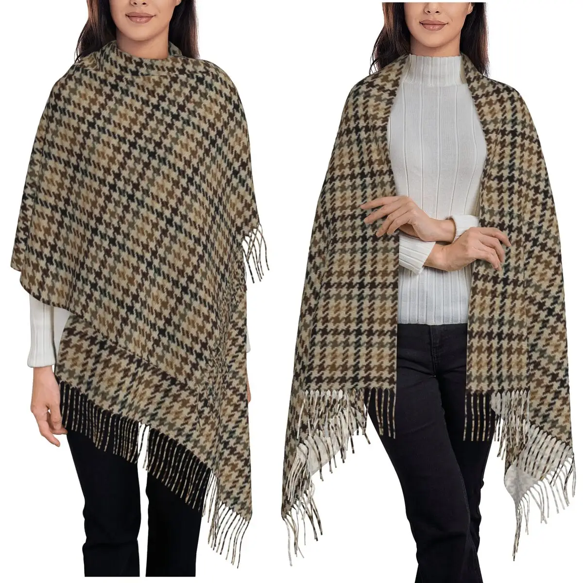 

Классический ретро-шарф с рисунком «гусиные лапки», шарфы с кисточками, женские мягкие теплые шали и накидки, большая осенне-зимняя шаль