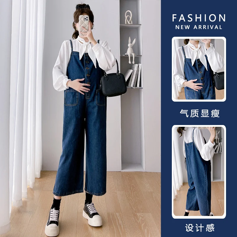 

990# Autumn Korean Fashion Denim Maternity Bib Jeans White Blouses Sets Sweet Summer Loose Jumpsuits Clothes For Pregnant Women