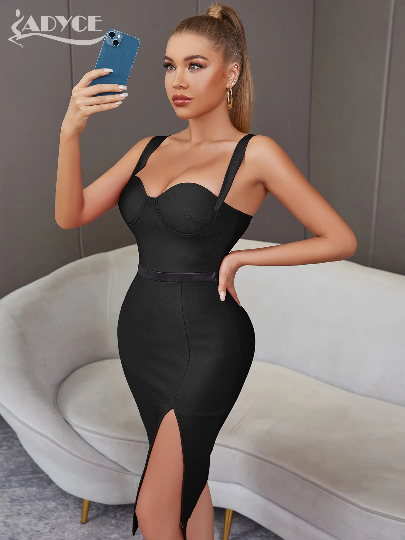 Adyce 2024 New Summer Women Elegant Black Bodycon Bandage Dress Sexy Spaghetti Strap Midi Blue Club Celebrity Runway Party Dress