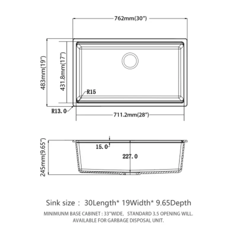 ATV Reversible 30*19 Inch Undermount Kitchen Sink Deep Single Bowl Single Mount White Quartz Kitchen Sink