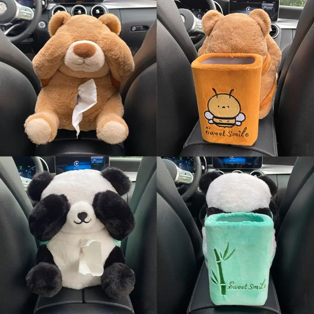 

Plush Bear Car Tissue Box 2-in-1 Car Tissue Box and Trash Can Cute Napkin Tissue Paper Holder Creative Car Armrest Tissue Case