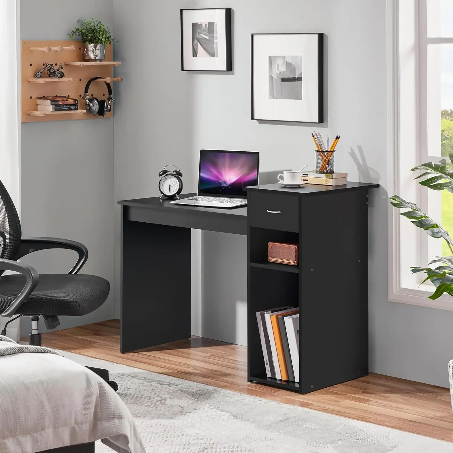[Hot Sale!]Home Office Modern Desk and Chair Set Computer Desk w/Drawer & Shelves with Ergonomic Mesh Height Adjustable Office C