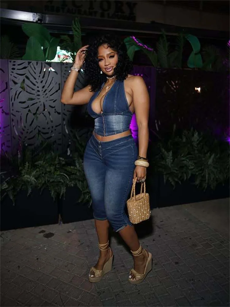 

Комплект Nibber Hipster из 2 предметов: женский джинсовый летний трендовый топ-халтер с открытой спиной на молнии + шорты в винтажном уличном стиле