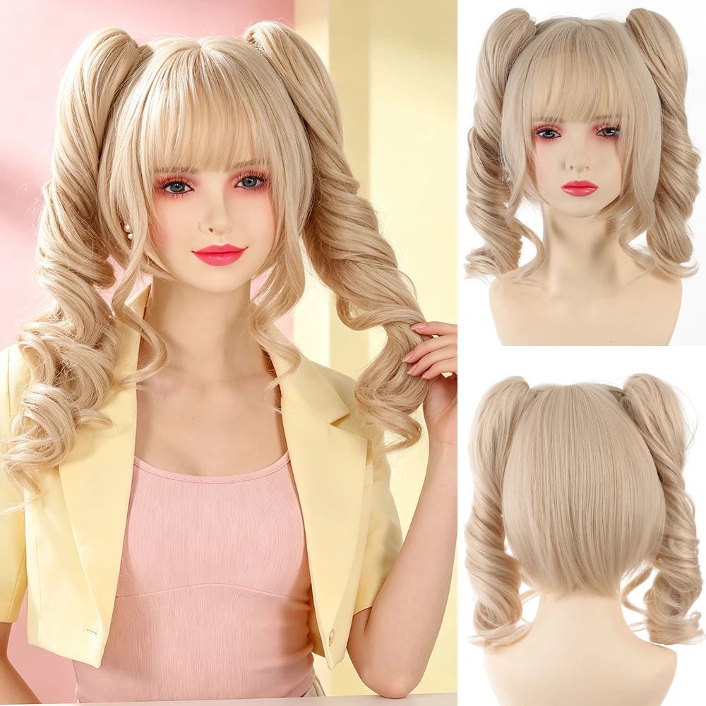 Synthetic 12 Inch Light Blonde Detachable Double Ponytail Short Curly Hair Wig Halloween Cosplay Heat Resistant Fiber