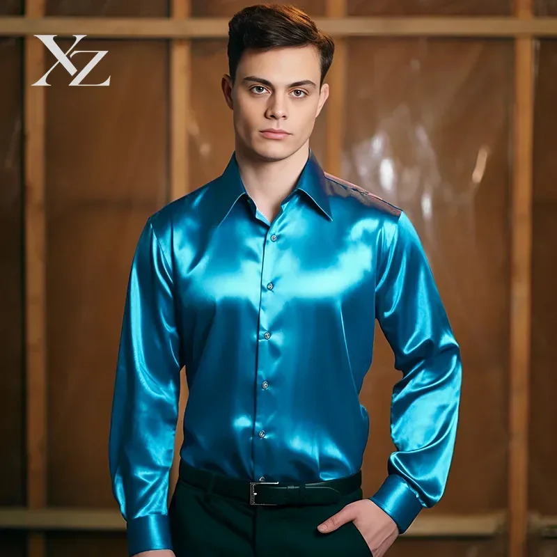 Men's Satin Silk-Like Shiny Smooth Dress Shirt Long Sleeve Point Collar Button Down Formal Business Party Wedding Work Tops