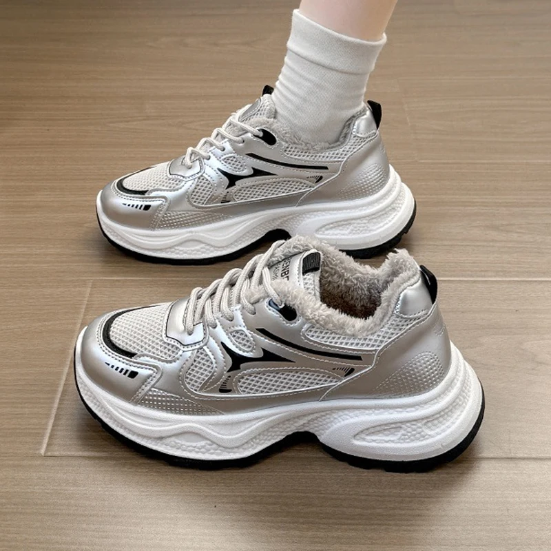 Winter Fleece-lined Knitted Mesh and Leather Sports Shoes Women's Thick-soled Clunky Sneakers Thickened Plush Warm Casual Shoes