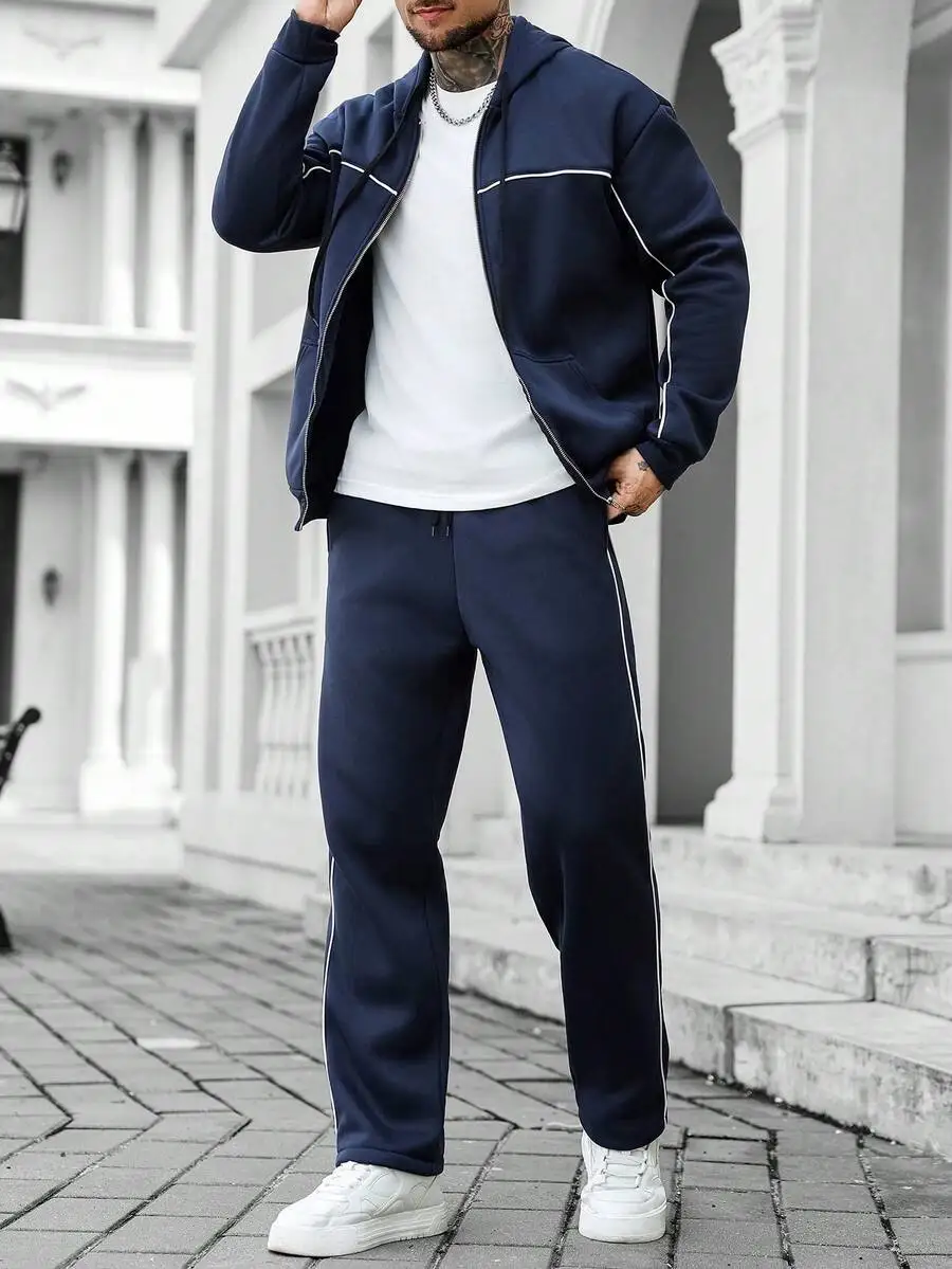 

Mens Blue Thermal Lined Track Suit Set Striped Patchwork Casual Streetwear