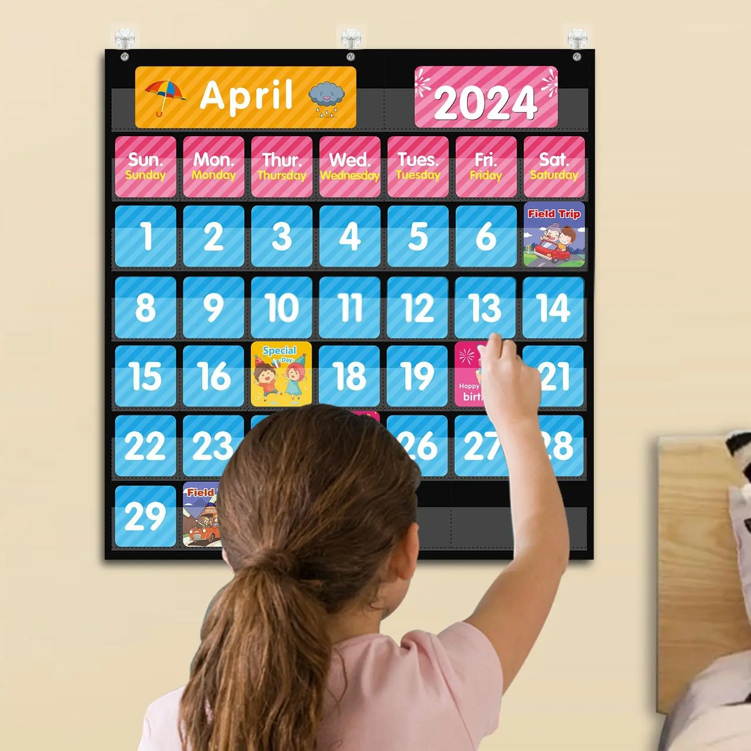 Large 44 Pockets Calendar Pocket Chart for Classroom Monthly Calendar and Weather Pocket Chart for Kids Learning for Home School