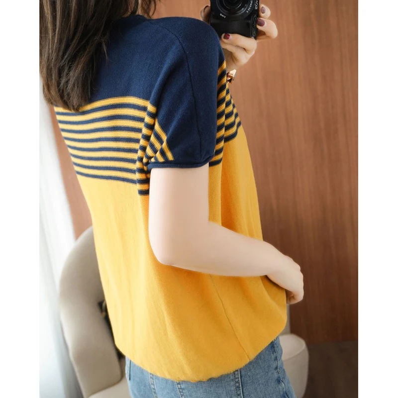 Summer Korean Fashion Striped Patchwork Casual Knitted Tee Women Loose All-match Short Sleeve T-shirt Lady Vintage Pullover Top