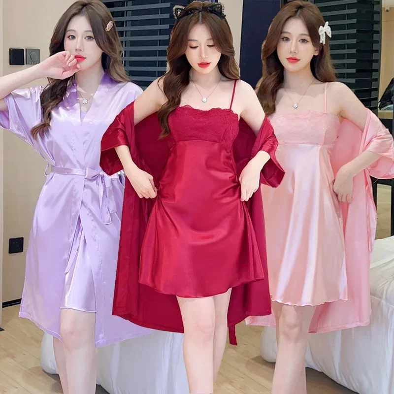 2024 Summer 2PCS Silk Satin Sexy Lace Lingerie Nightgowns Robes Sets For Women Sleepwear Suit Nightdress Night Dress Home Nighty