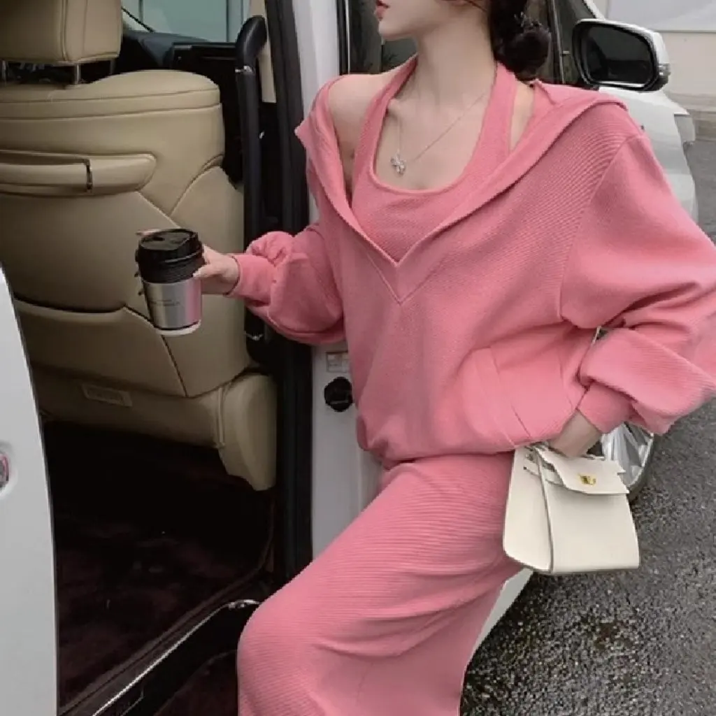 

Women's Autumn Western Style Slimming Suit Large Size Sweatshirt Covering Flesh Two-Piece Dress Age-Reducing Fashion Set