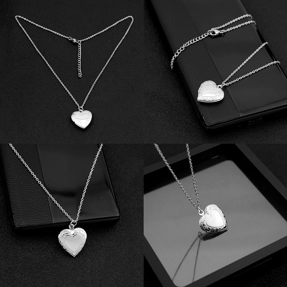 1 Heart Shaped Photo Frame Pendant Necklace Love Heart Charm Stainless Steel Locket Necklace Women Men Fashion Memorial Jewelry