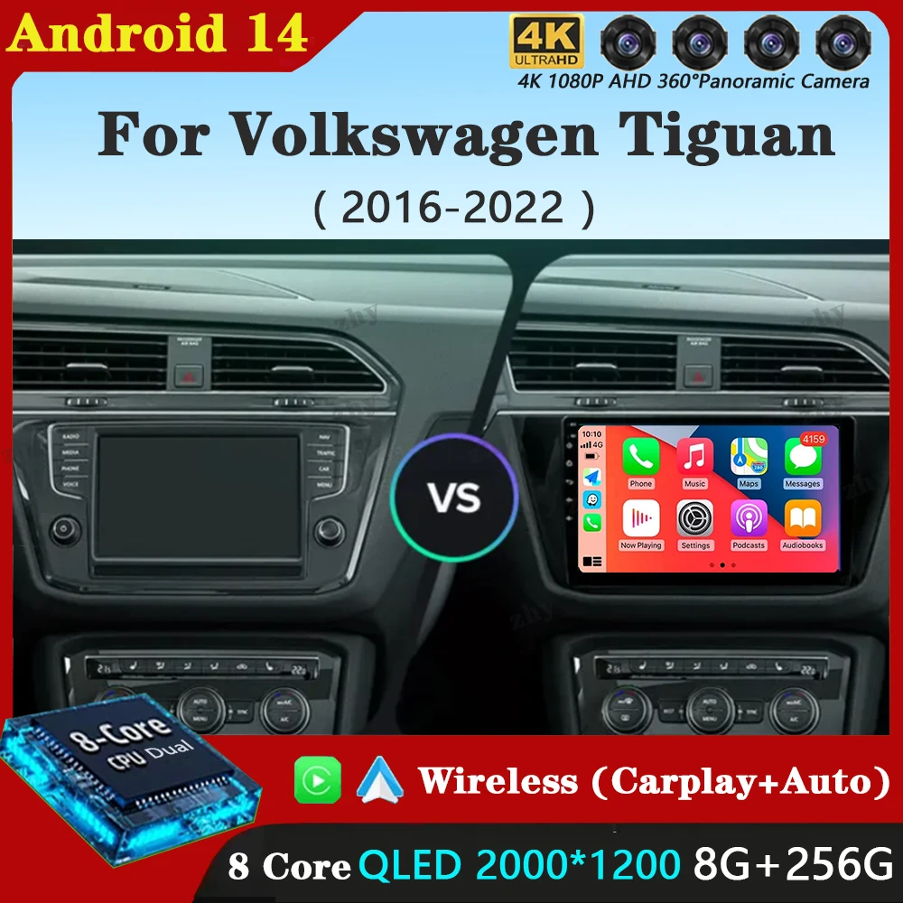 For VW Volkswagen Tiguan L 2016 2017-2022 Android 14 Carplay Auto Car Radio Multimedia Video Player Navigation GPS No 2Din 2 Din