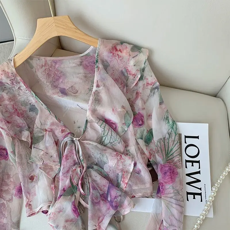 

Flare Sleeve Jackets Women Floral Thin Ruffles Sun-proof Prairie Chic Summer Sweet French Style All-match Ulzzang Crop Holiday