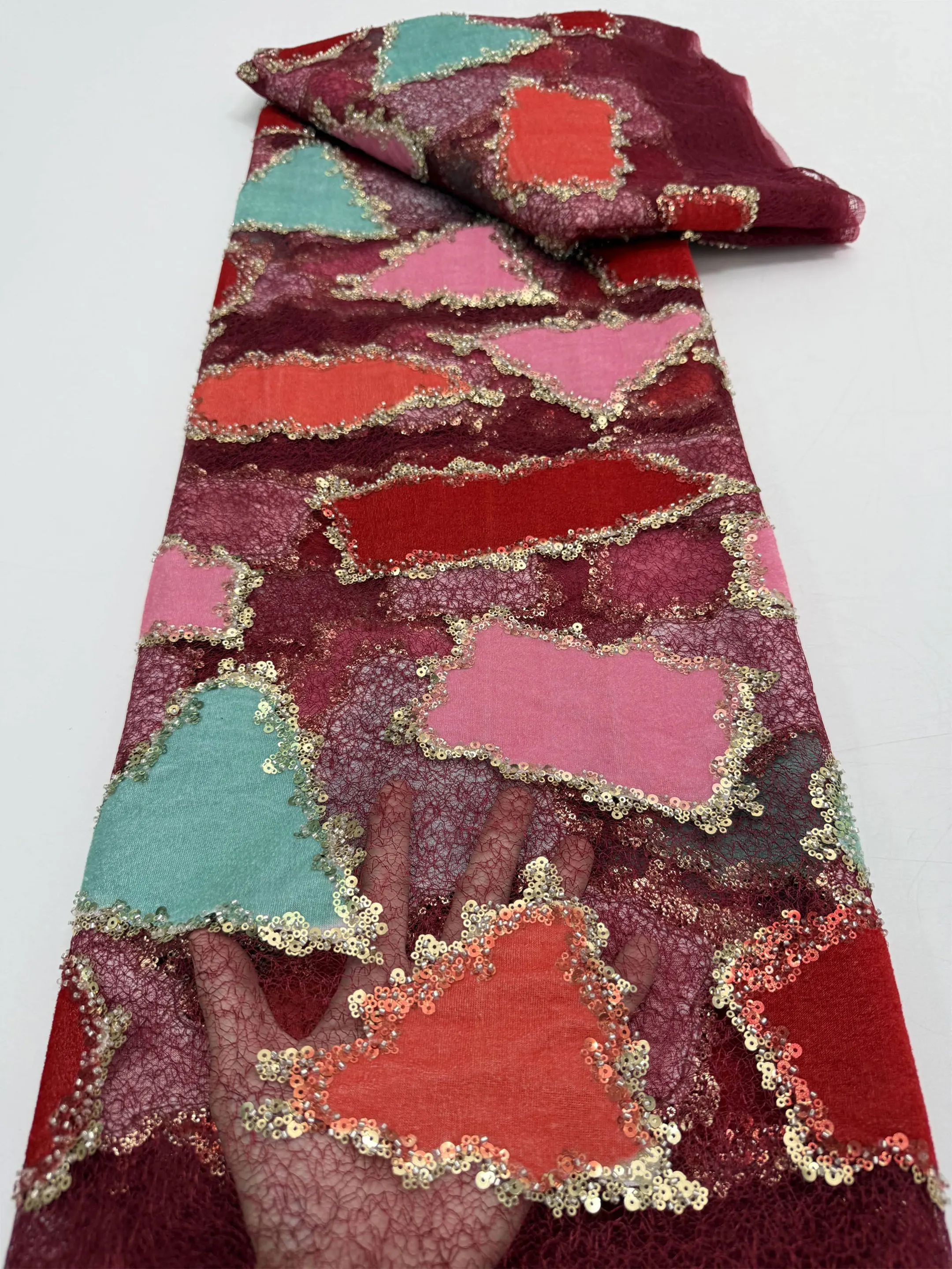 

African Velvet Lace Fabric with Sequins And Big Beads Bridal French Tulle for Luxury Wedding And Evening Dress Sewing