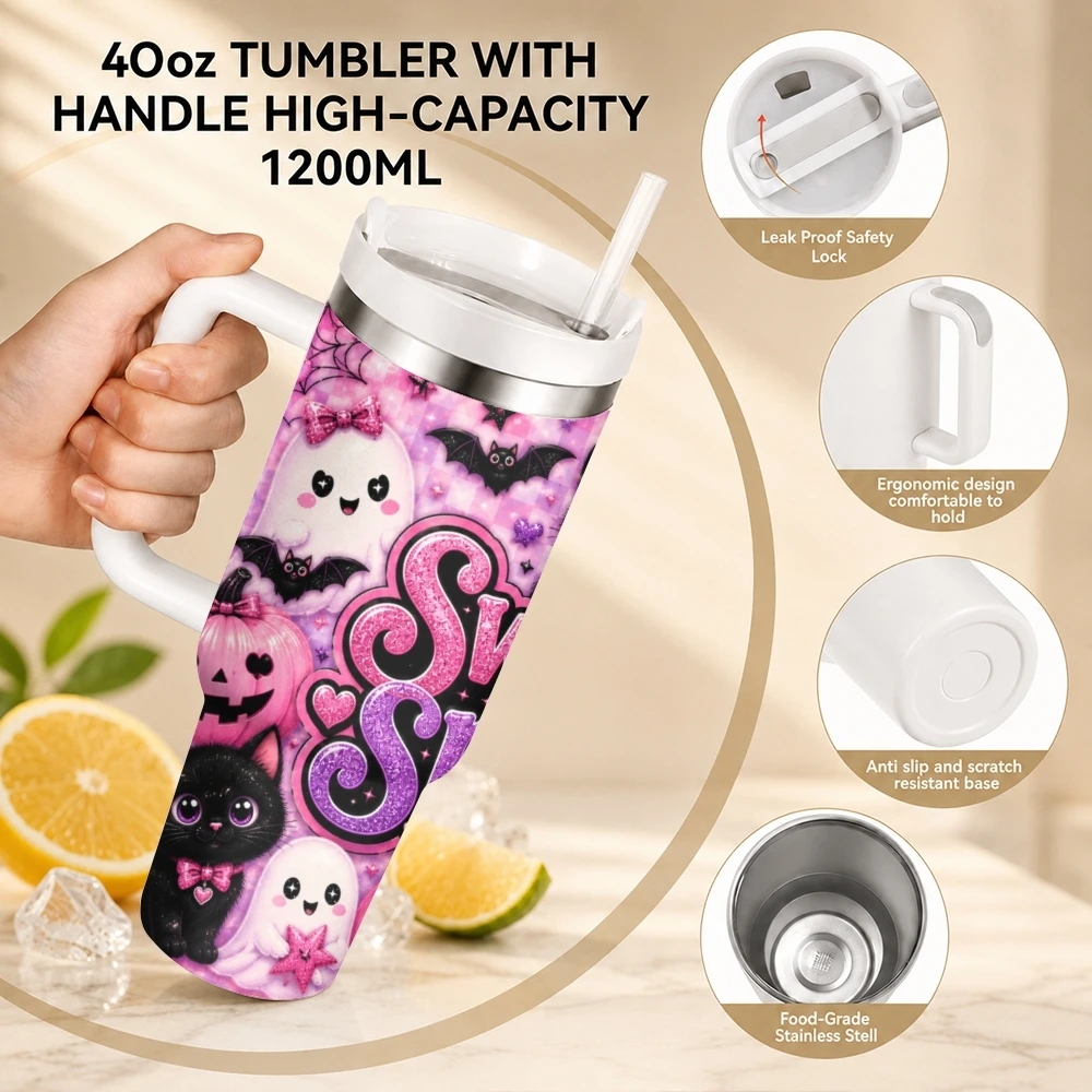 Spooky Halloween Vacuum Flasks 40oz Stainless Steel Travel Tumbler with Handle Straw Lid Double Wall Vacuum Insulated