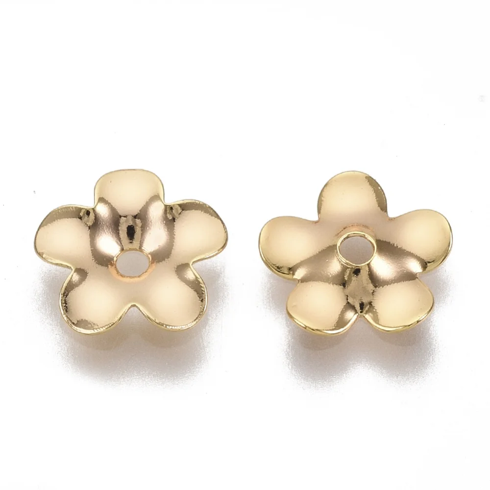 5pcs Brass Bead Caps Nickel Free 5-Petal Flower Real 18K Gold Plated 8.5x9x1.5mm Hole: 1.4mm