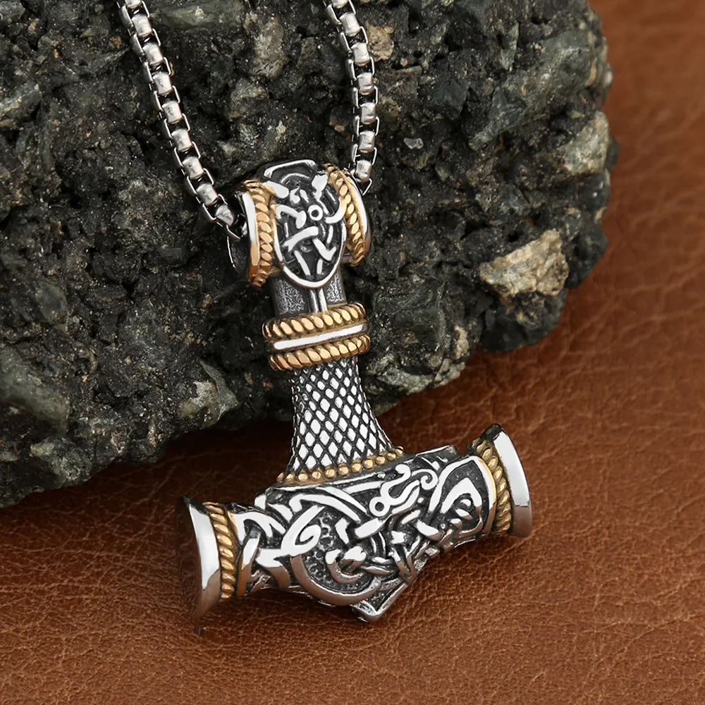 Unique Stainless Steel Vikings Thor Hammer Pendant Vintage Scandinavian Rune Necklace for Men Punk Jewelry Accessories Wholesale